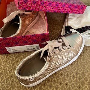 Tory Burch Marion Quilted Rosegold Metallic Leather Sneakers